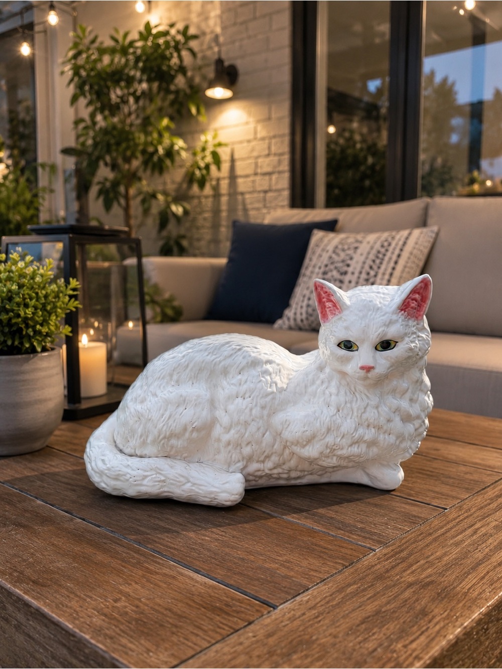 White Persian Lying Down Cat Figurine Bordallo Pinheiro Portugal 14”